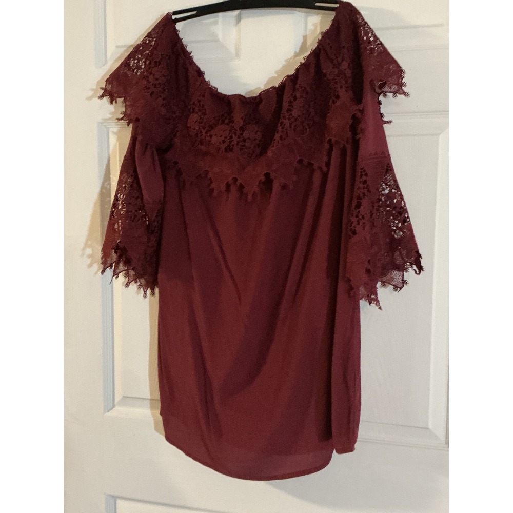 Shyanne Burgundy Lace Off The Shoulder Boho Bell Sleeve Top WF19D8 L